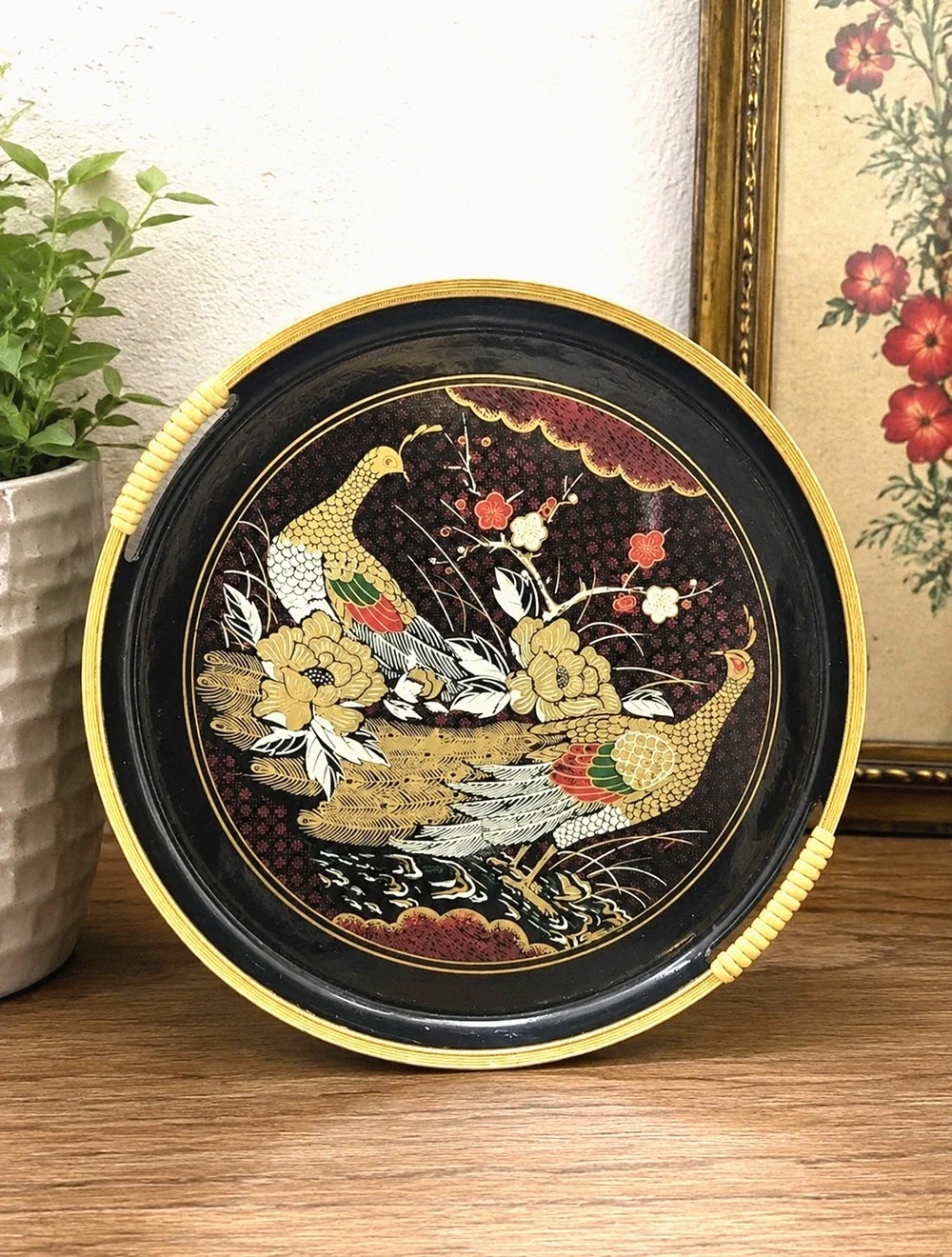 Vintage Asian Serving Tray Round Black Gold Pheasant Floral Design 12” Decorativ